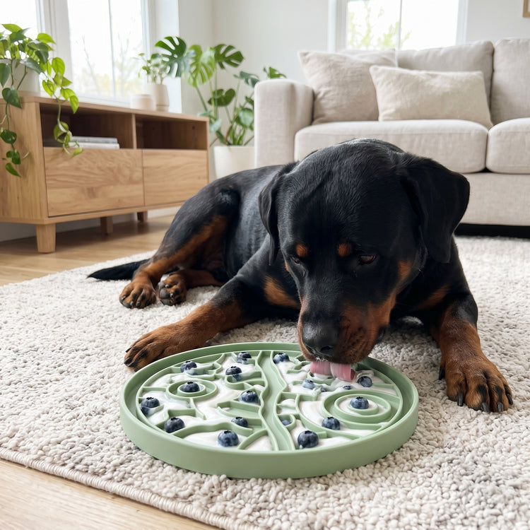 Rottweiler licking a green maze lick mat topped with yogurt and blueberries