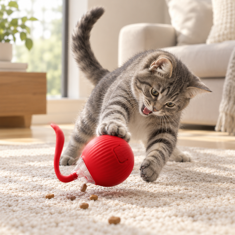 Tabby kitten pouncing on a red rolling treat ball toy on a rug